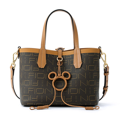 FION Leather-Trimmed Interchargeable Monogram Mickey Mouse Print Mini Tote Bag - Brown
