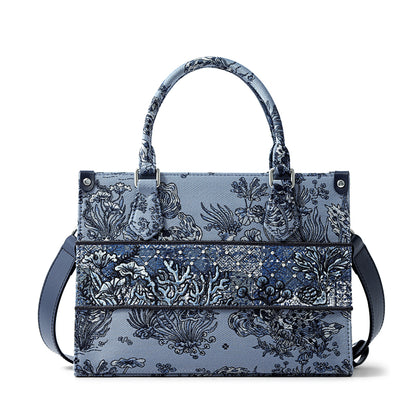 FION Leather-Trimmed Under-The-Sea Jacquard Medium Tote Bag - Blue