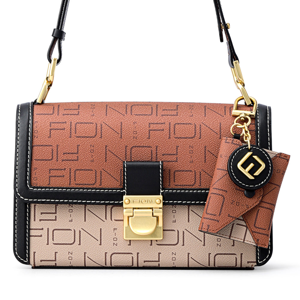 FION Leather-trimmed Half-flap Monogram Crossbody Bag (M)