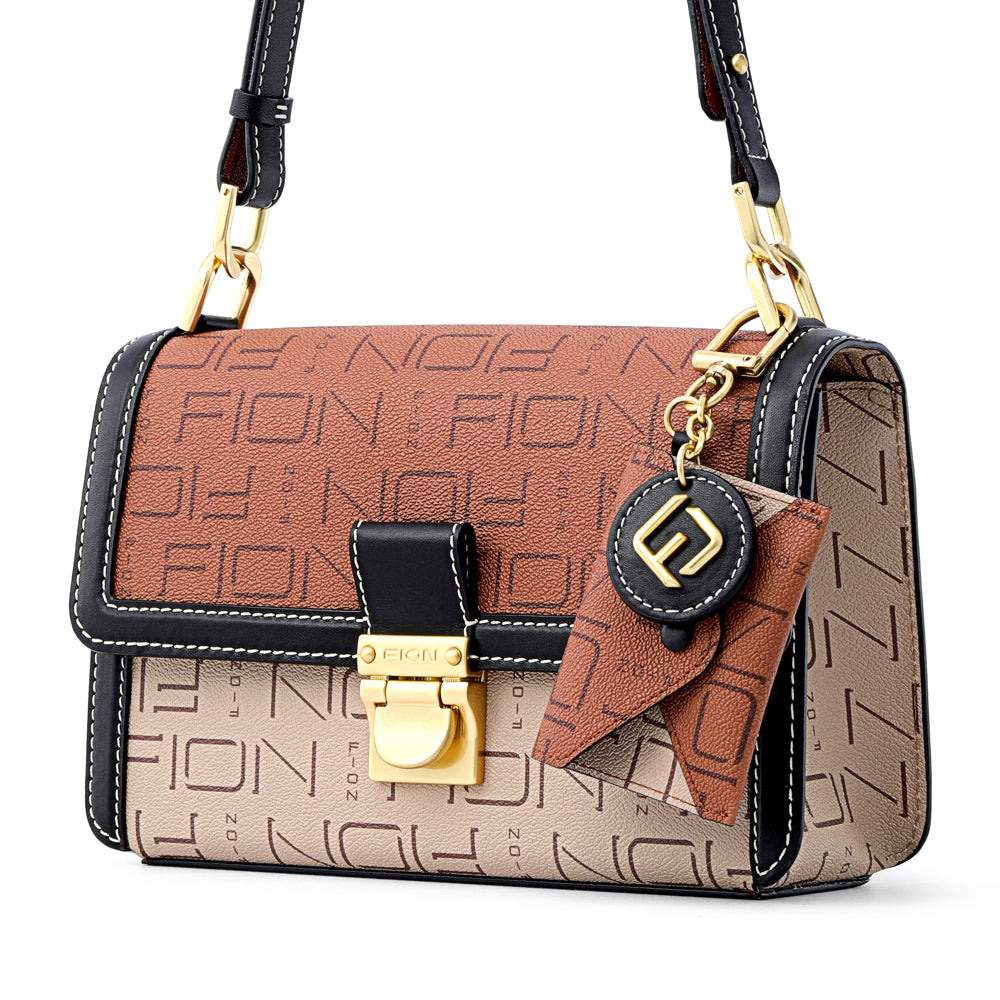 FION Leather-trimmed Half-flap Monogram Crossbody Bag (M)