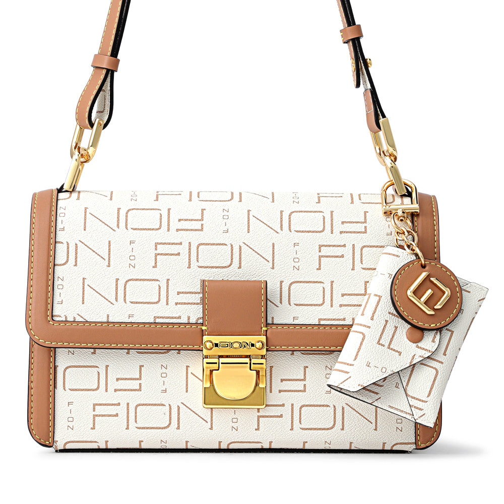 FION Leather-trimmed Half-flap Monogram Crossbody Bag (M)