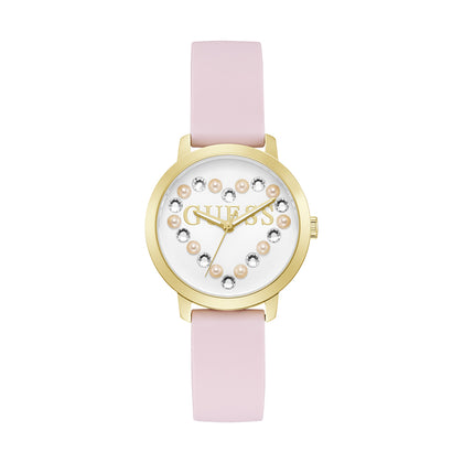 GUESS Ladies 36mm Yellow Gold Case with Pink Silicon Strap - Pink