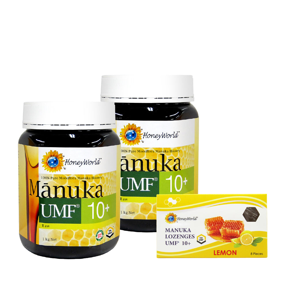 HoneyWorld Raw Manuka UMF 10+ 1kg - Bundle of 2 + FREE UMF 10+ Manuka Lemon Lozenges 8 pcs