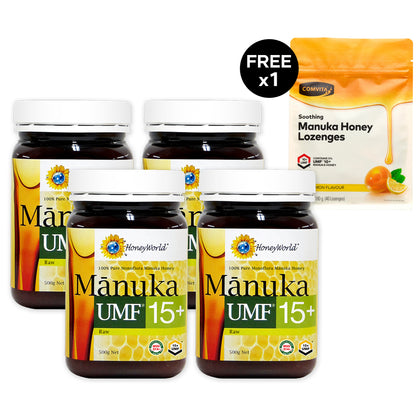 HoneyWorld Raw Manuka UMF15+ 500g (Bundle of 4) + FREE 1 Comvita Manuka Honey Lozenges - Lemon & Honey, 40s