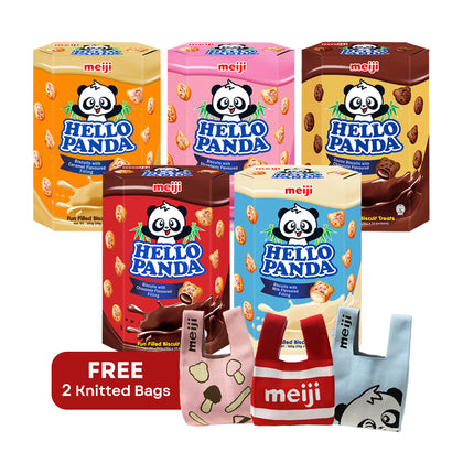 [CNY Exclusive Amazing Sale] Meiji Hello Panda The Five Fun Pack Gift Set + FREE 2 Knitted Carrier Bag