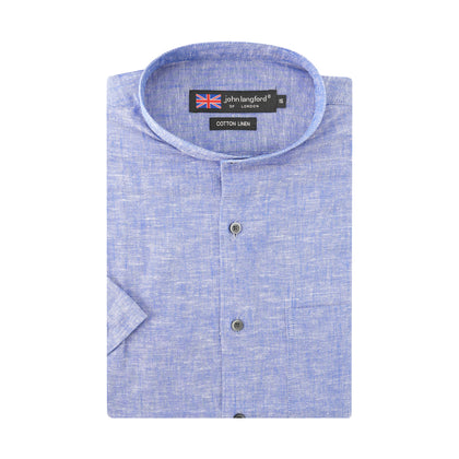 John Langford Mandarin Collar Short-Sleeved Shirt - Blue
