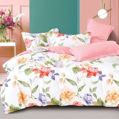 KINGSFORD 1500TC 100% Cotton Sateen Quilt Cover with Fitted Sheet Set (Single / Super Single / Queen / King) - Placid Summer Flowers