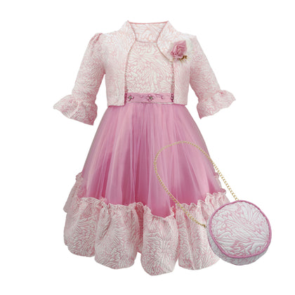 Rodolia Brocade and Tulle Party Dress with matching Bolero Jacket and Sling Bag - Rose Pink (L9289-30)