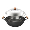 La gourmet 34cm Nitrigan Cast Iron Deep Wok with Lid & Accessories + Free Stainless Steel Spatula with Wooden Handle