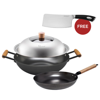 La gourmet 30cm Nitrigan Cast Iron Wok with Lid & 20cm Frypan Cooking Set + FREE 7