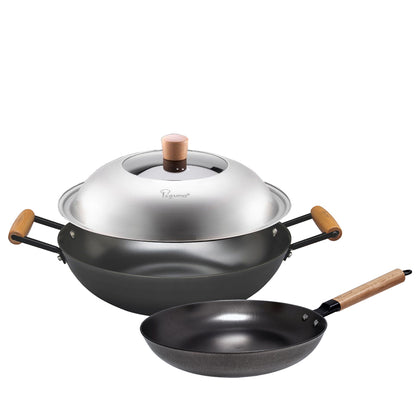 La gourmet Nitrigan Cast-Iron Cooking Set (30cm Wok + 20cm Frypan)