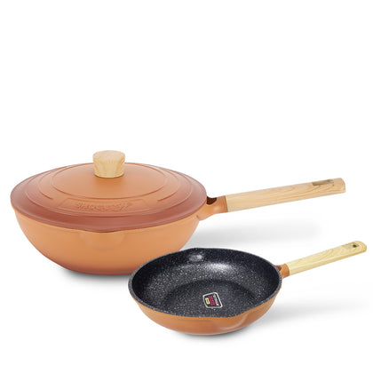 La gourmet 28cm Shogun Morandi Marble Wok + 20cm Frypan