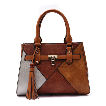 MAC ALYSTER Tri-Colour Spliced Handbag with Detachable Long Shoulder Strap - Multi Camel