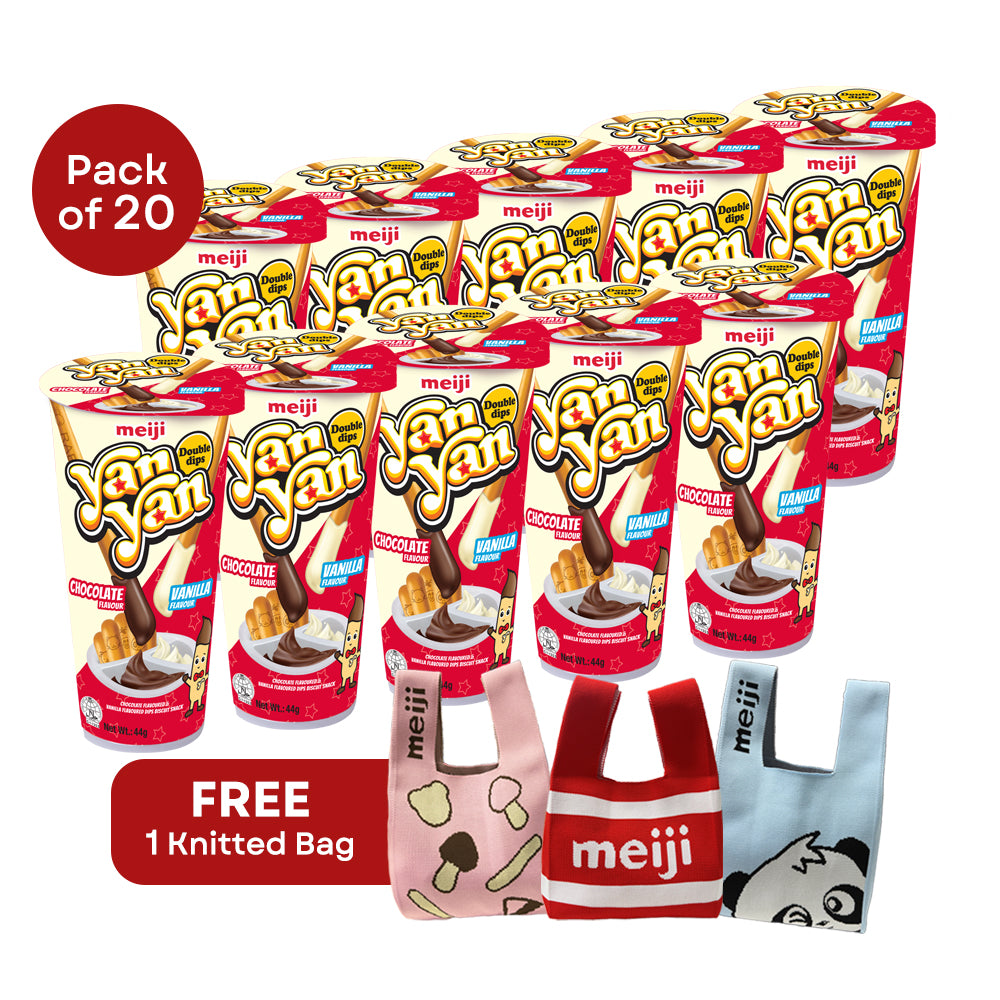 [Online Exclusive Amazing Sale] Meiji Yan Yan Creamy Double Dipping Chocolate & Vanilla Pack 44g x 20 Cups + FREE Knitted Carrier Bag