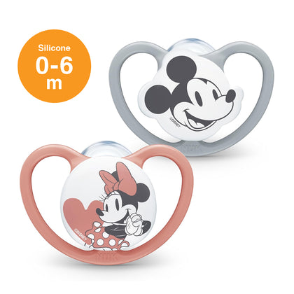 NUK Space Disney Mickey Mouse Silicone Soother Pacifier 2pcs-box - 0-6 months - Pink-Grey