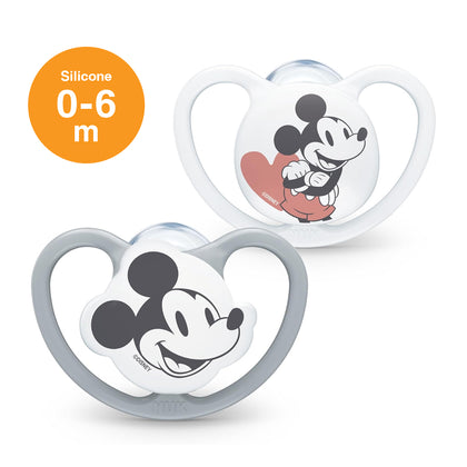 NUK Space Disney Mickey Mouse Silicone Soother Pacifier 2pcs-box - 0-6 months - White-Grey