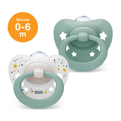 NUK Signature Silicone Soother Pacifier 2pcs-box - 0-6 months - Dots Stars Green