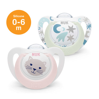 NUK Star Day & Night Silicone Soother Pacifier 2pcs-box - 0-6 months - Pink Cat