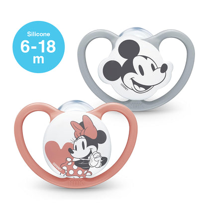 NUK Space Disney Mickey Mouse Silicone Soother Pacifier 2pcs-box - 6-18 months - Pink-Grey