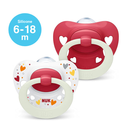 NUK Signature Night Silicone Soother Pacifier 2pcs-box - 6-18 months - Red Night Hearts