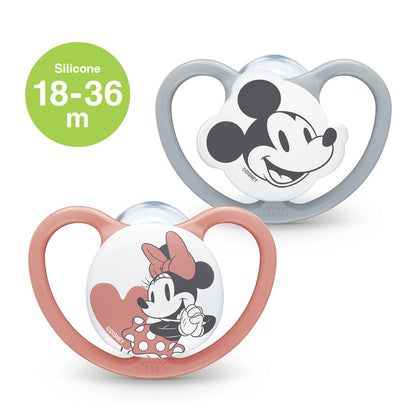 NUK Space Disney Mickey Mouse Silicone Soother Pacifier 2pcs-box - 18-36 months - Pink-Grey