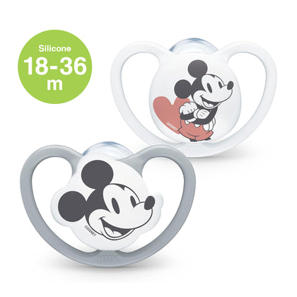 NUK Space Disney Mickey Mouse Silicone Soother Pacifier 2pcs-box - 18-36 months - White-Grey