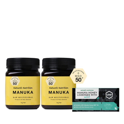 Nature's Nutrition Manuka MGO 50+ 1kg (Bundle of 2) + Manuka Honey Lozenges Blister Packs UMF 10+