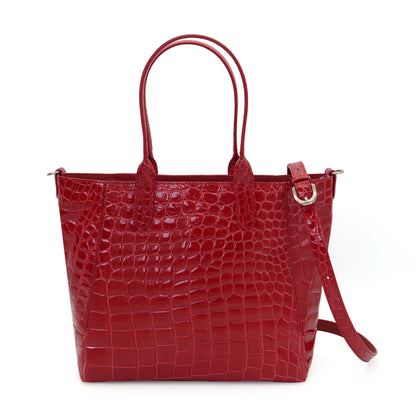 SANCHŌ Genuine Crocodile Leather Tote with Detachable Long Strap - Red