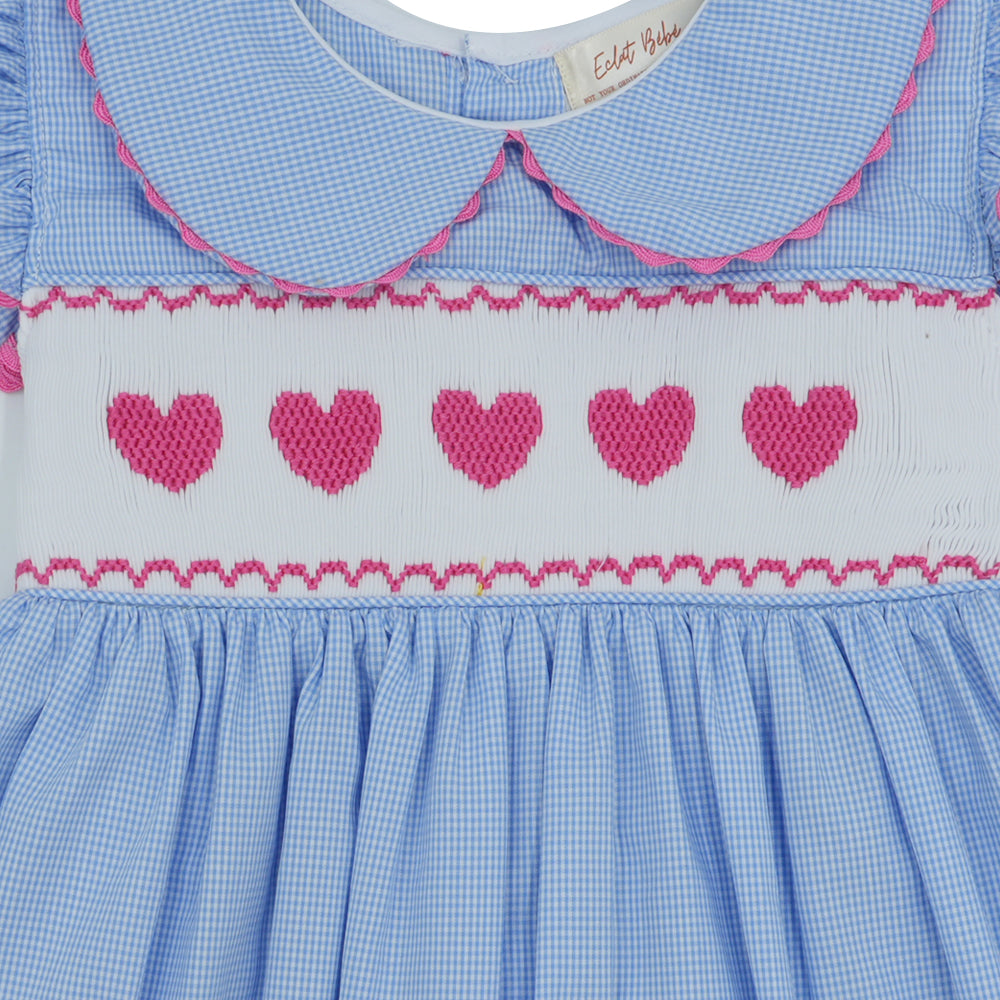 Eclat Bebe Gingham Checked Cotton Hand Smocked Dress - Blue (OG7500)