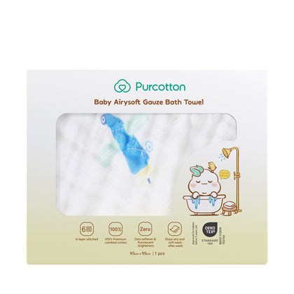 Purcotton Baby Airysoft Gauze Bath Towel 6-layer Stitched 95cm x 95cm 1 pc - Blue Lion & Plane