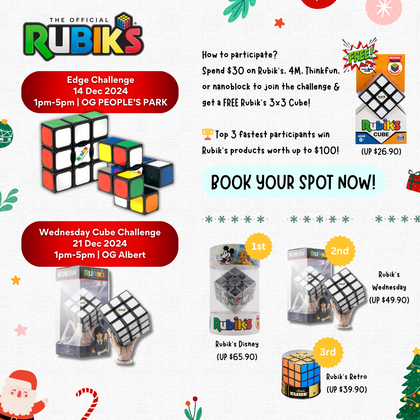 Up for a challenge? ⏱️ Race against time and stand to WIN Rubik's products worth up to $100! Test your speed and skills at our Rubik's Challenge competition events!