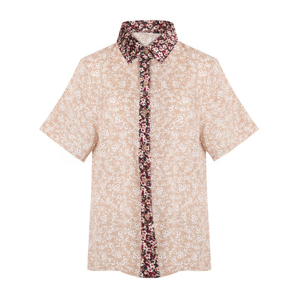 ENRO Short Sleeve Collared Buton-Up Blouse - Beige