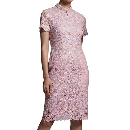 Lazzeni Mandarin Collar Lace Dress - Pink