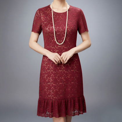 Lazzeni Lace Dress with Flounce Hemline - Red
