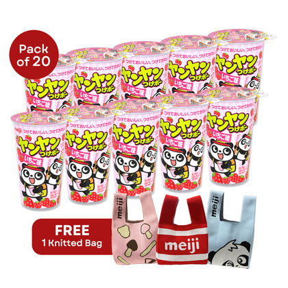 [Online Exclusive Amazing Sale] Meiji Yan Yan Tsukebo Strawberry with Coloured Toppings Pack 48g x 20 Cups + FREE Knitted Carrier Bag