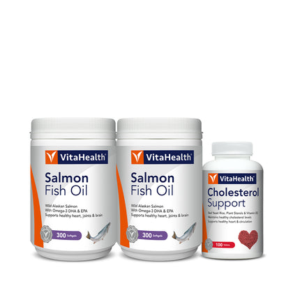 VitaHealth Salmon Fish Oil 300 Softgels (Bundle of 2) + Cholesterol Support 100 Tablets