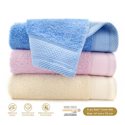 YUMEKO Sakura SPA Collection Bath Towel (Bundle of 3 - Azure Blue + Mulberry + Pearl White)