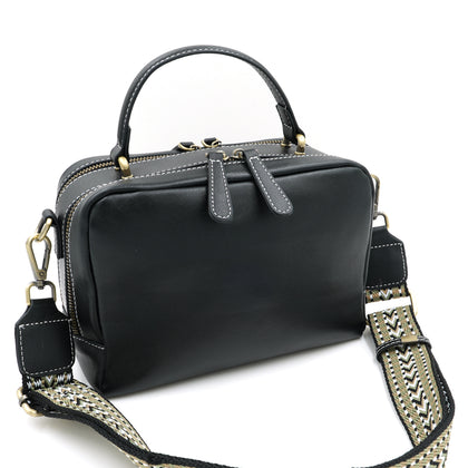 SARRER Leather Crossbody Bag with Detachable Long Strap - Black