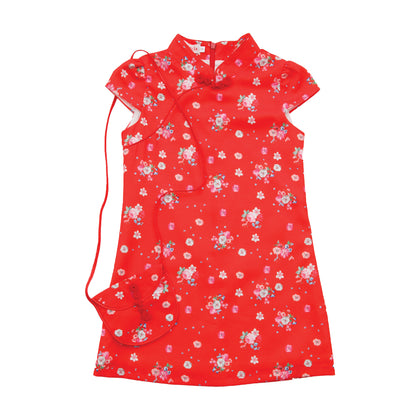 Rodolia Lined Gorgette Sheongsam with matching Sling Pouch - Red