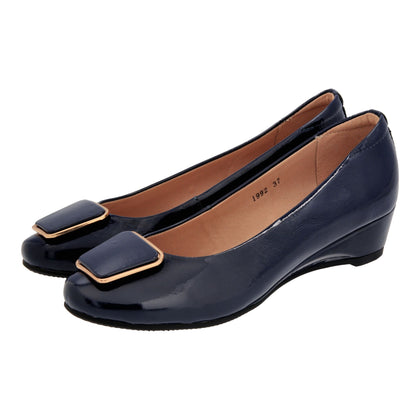 Caratti Navy Leather Wedged Heels (Short, with Buckle)