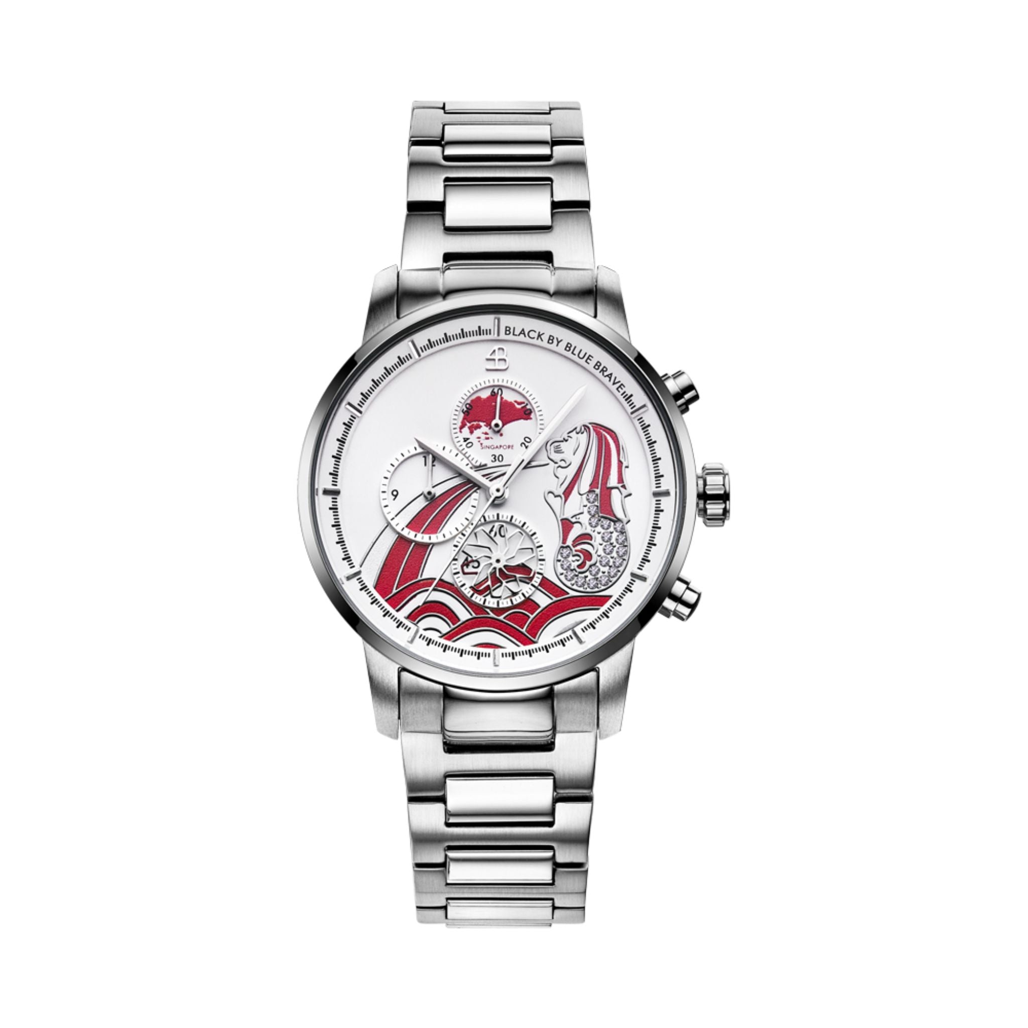 4B (Black By Blue Brave) Merlion Watch - Silver with Red Accents