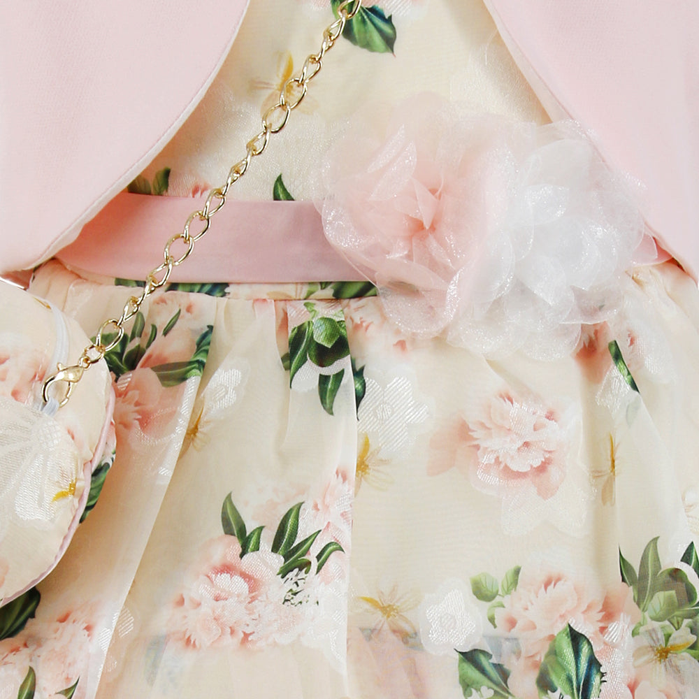 Rodolia Layered Ruffle Party Dress with Bolero Jacket & Matching Sling Pouch - Peach
