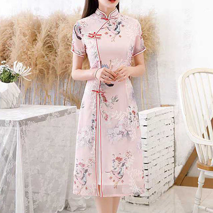 Cotton Amour Embroidered Cheongsam - Pink