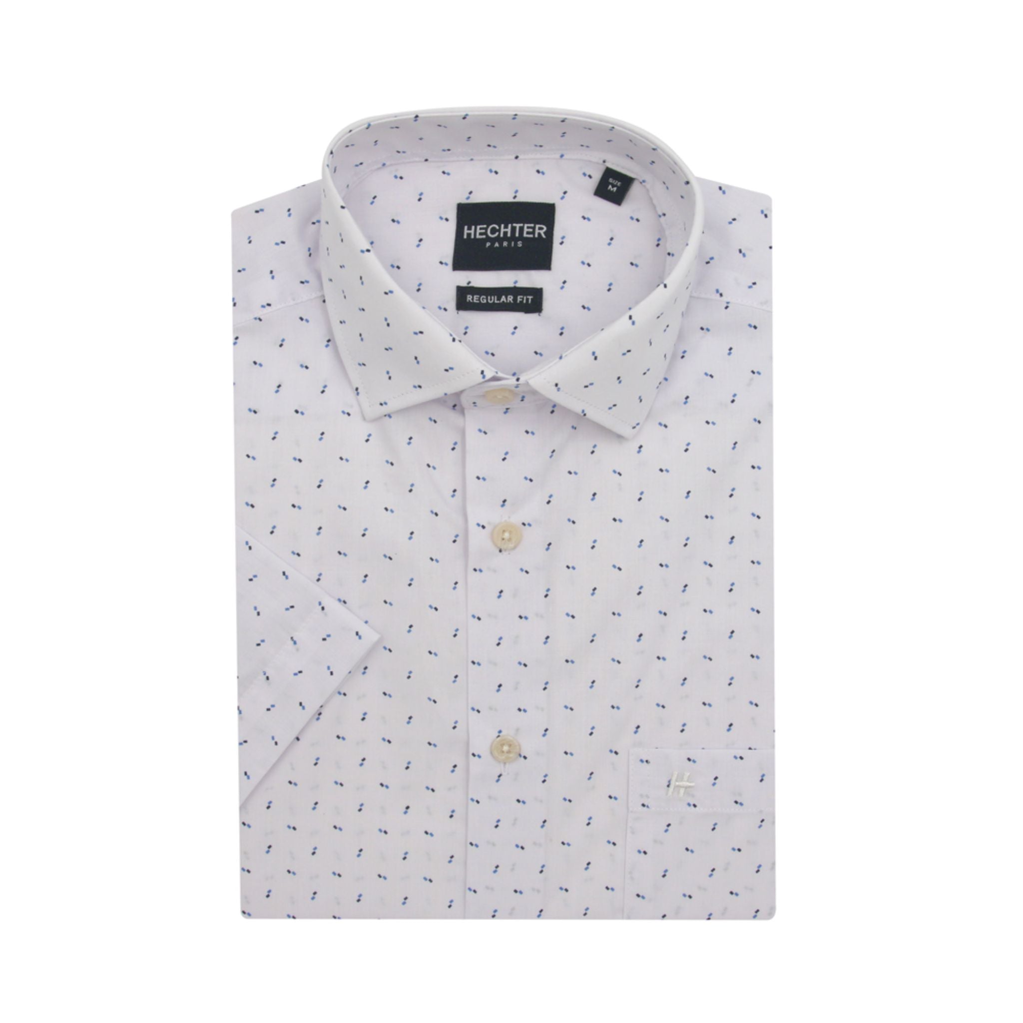 HECHTER Short-Sleeved Shirt - Blue & Brown Print on White