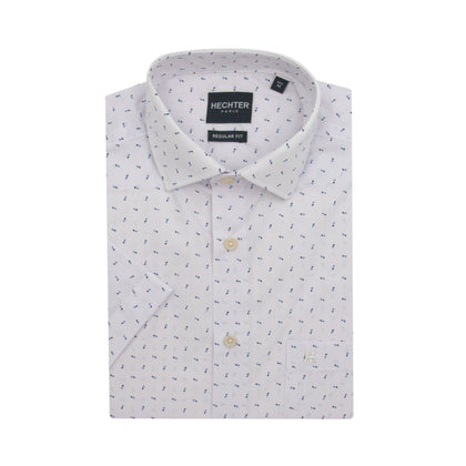 HECHTER Short-Sleeved Shirt - Blue & Brown Print on White