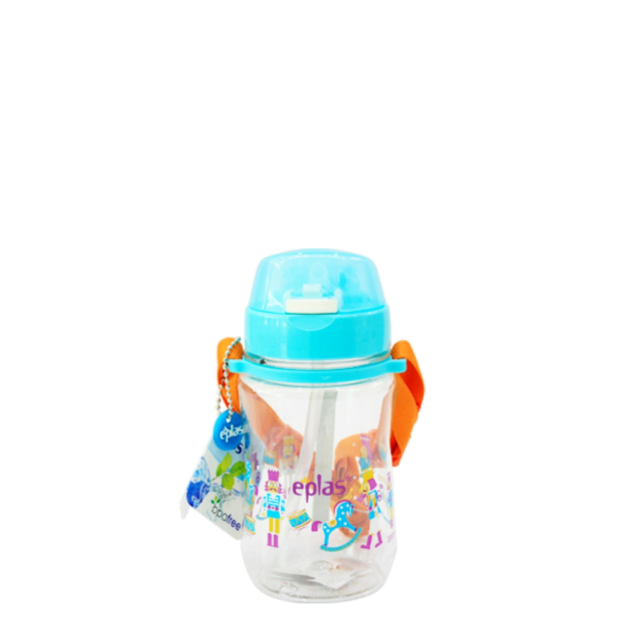 Eplas Kids' Bottle with Push Button, Straw & Removable Strap (EGB-380ml) - Blue
