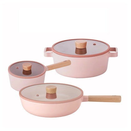 NEOFLAM FIKA Pink Cookware 6pcs Set - Saucepan 18cm + Casserole 24cm + Wokpan 26cm