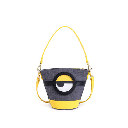 FION Minions Denim with Leather Shoulder Bag - Dark Blue / Yellow