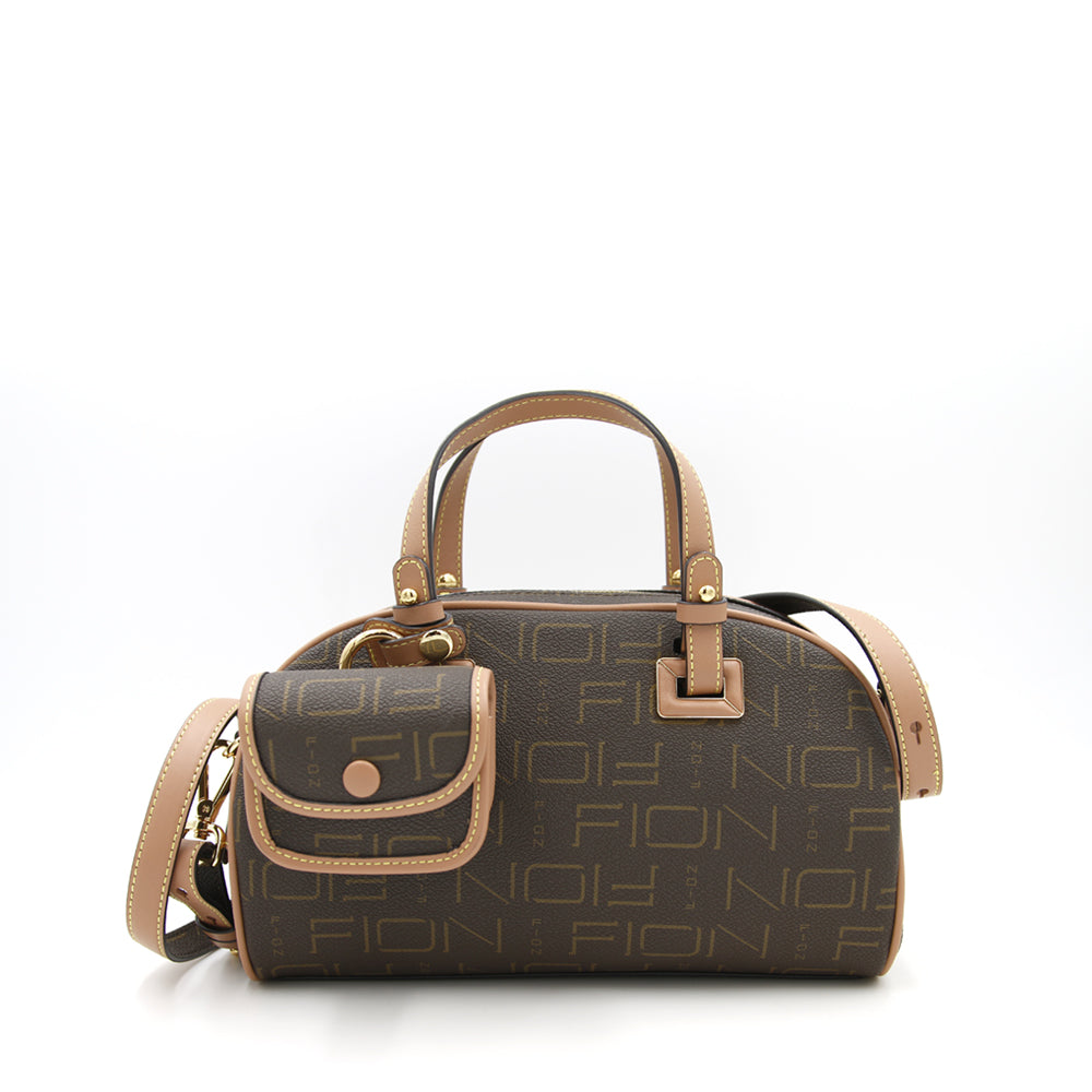 FION Leather-trimmed Monogram Dome-shaped with Detachable Long Shoulder Strap - Brown Camel