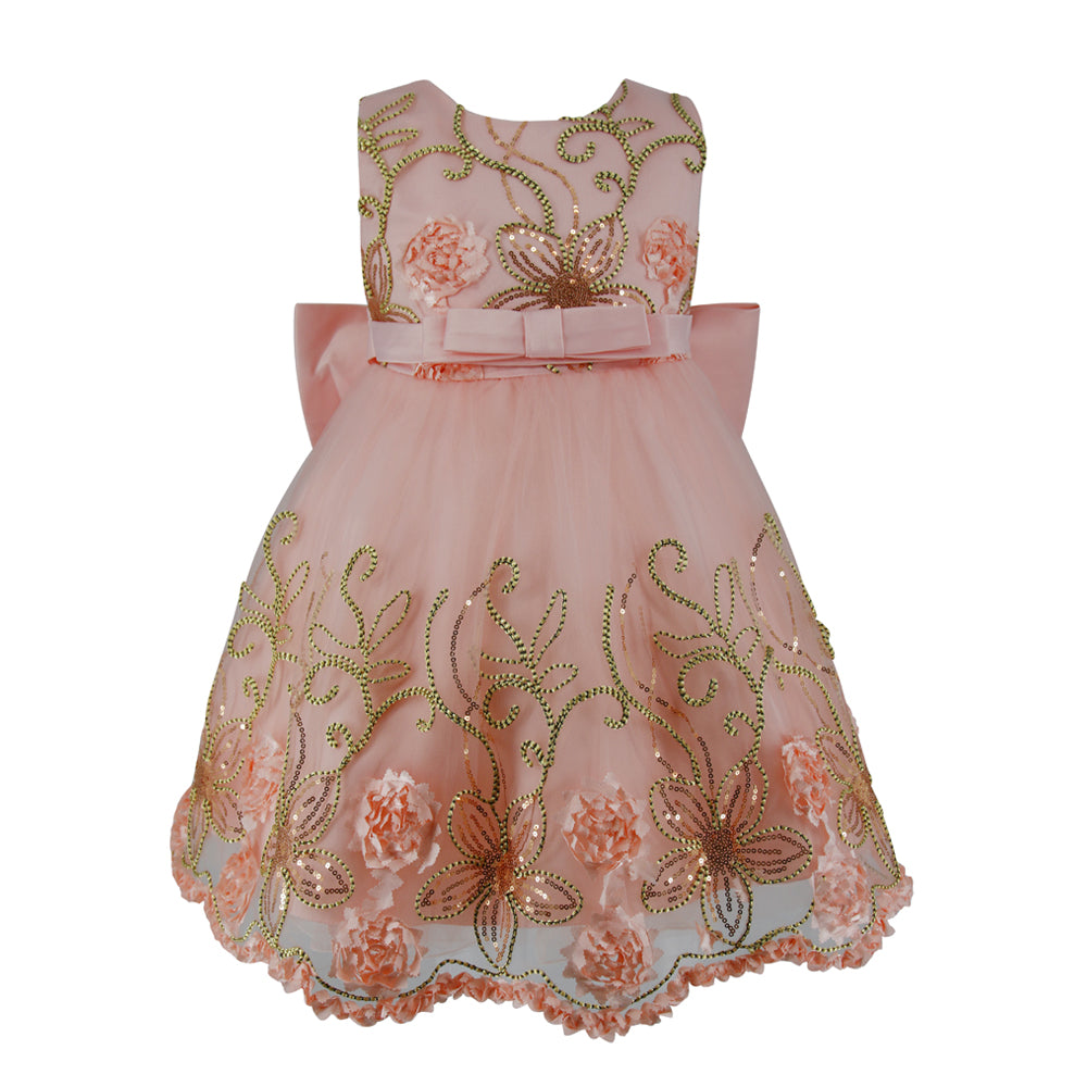 Rodolia Allover Brocade Party Dress - Peach